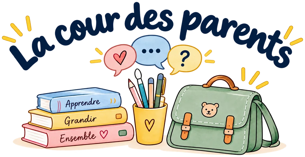 La cour des parents : des livres, une trousse, un cartable et des bulles de discussion